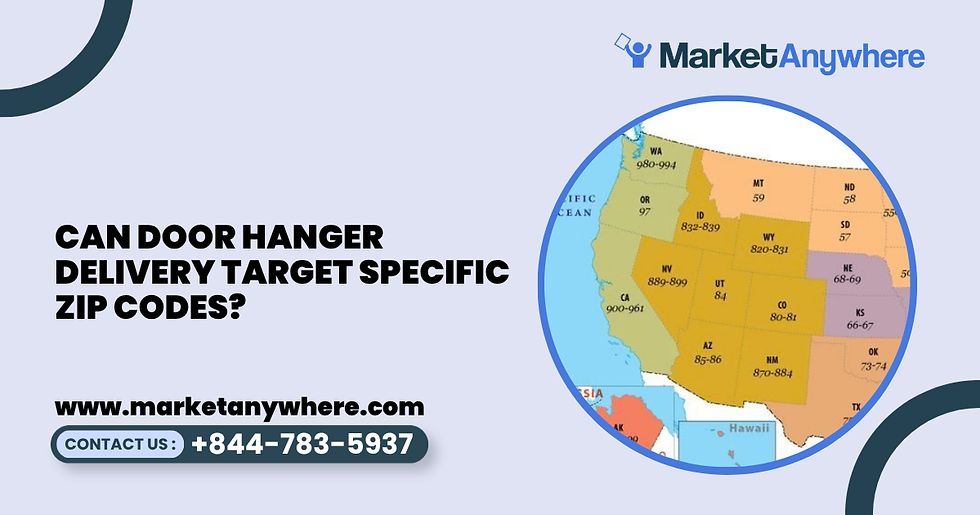 door hanger delivery service visual showing a ZIP code map with several highlighted neighborhoods and a door hanger delivery route