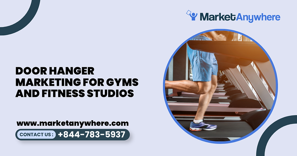 door hanger marketing visual showing a gym door hanger with a trial offer, fitness class imagery, and a neighborhood radius map