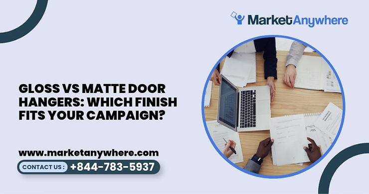 custom door hanger printing visual showing gloss and matte custom door hangers under soft studio lighting with clearly different surface reflections