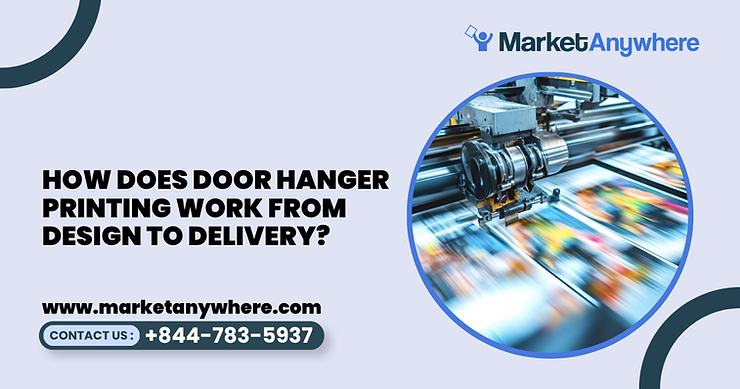door hanger printing visual showing door hanger artwork moving through design, proofing, printing, packaging, and neighborhood delivery
