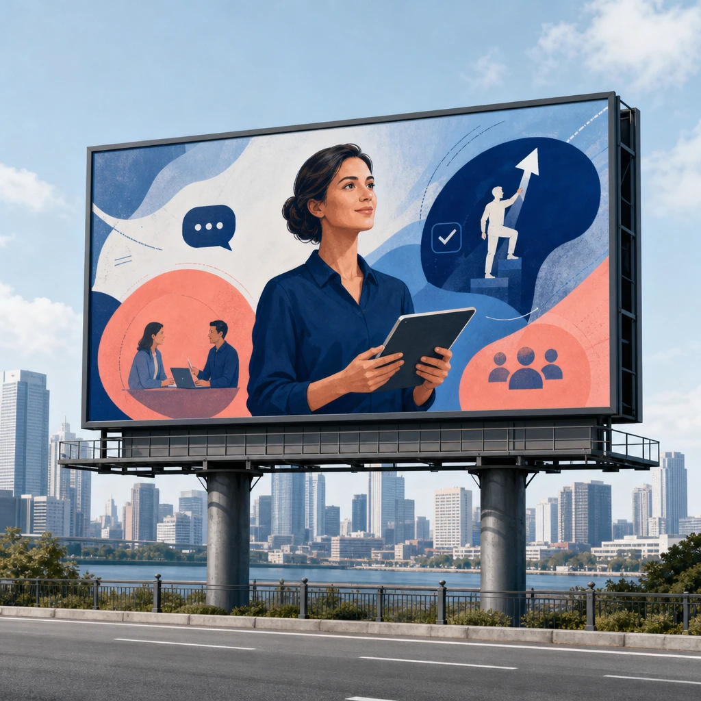 Illustration of a fixed roadside billboard with an abstract promotional design