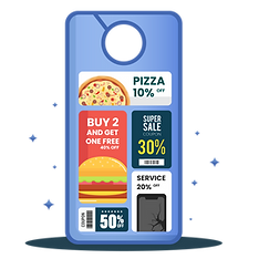 MarketAnywhere's promotional blue door hanger offering food and service discounts: 10% off pizza, a burger deal 'Buy 2 Get One Free', a 30% super sale, and an additional 20% off on services.