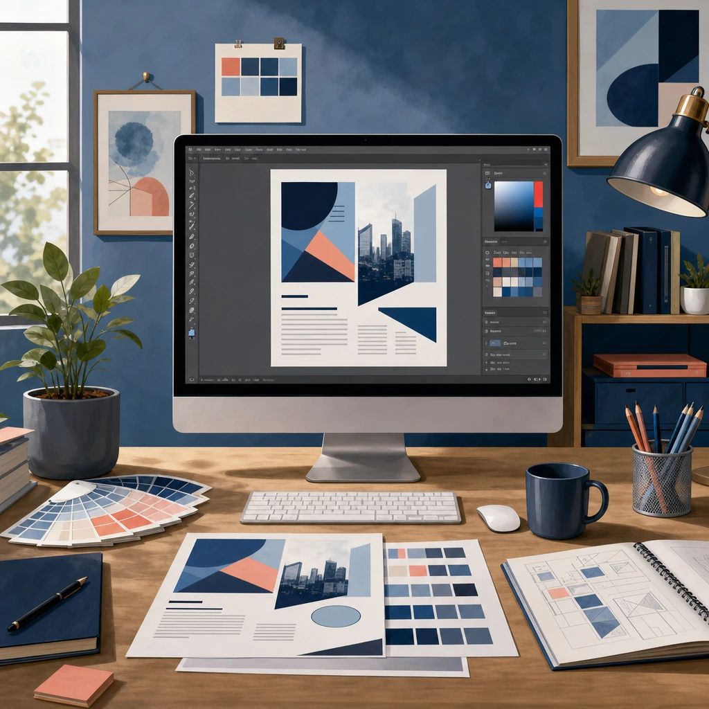 Illustration of a graphic design workstation with flyer layouts, color swatches and printed proofs