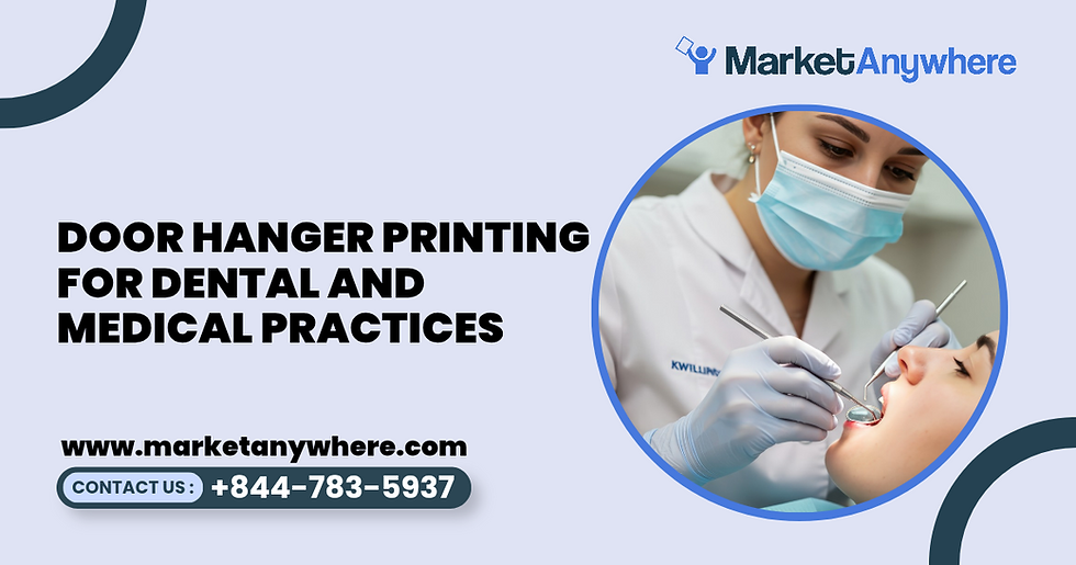 door hanger printing visual showing a professional healthcare door hanger with a welcoming clinic image, service categories, and appointment information