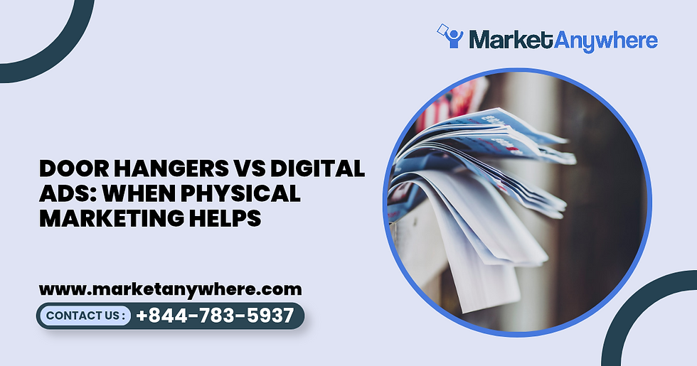 door hanger advertising visual showing a physical door hanger beside a smartphone displaying a generic digital advertisement dashboard