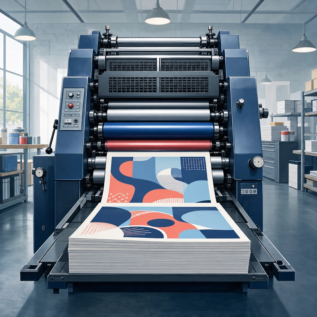 Illustration of a commercial printing press producing colorful promotional flyers