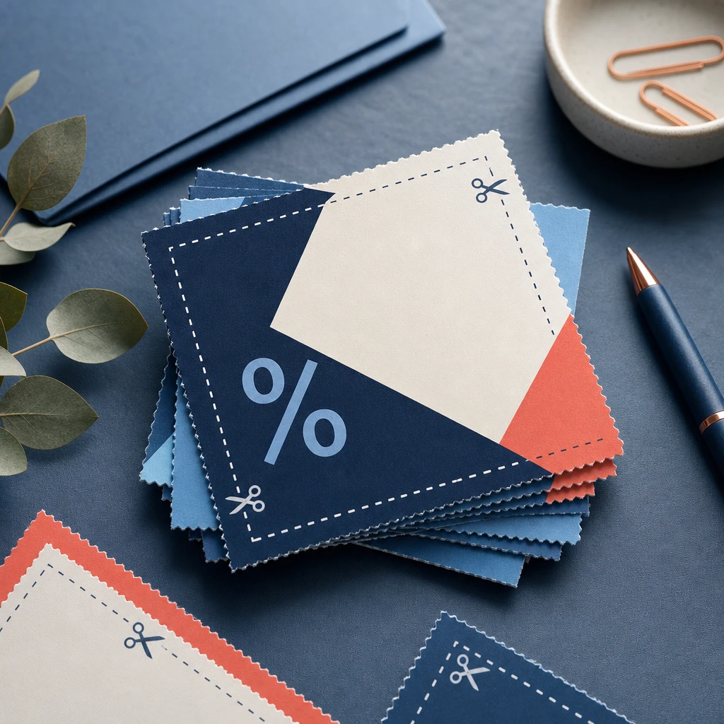Illustration of printed promotional coupon cards with perforated edges and discount symbols