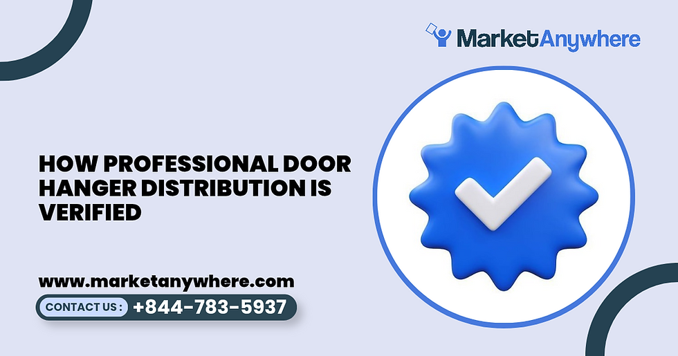 door hanger distribution visual showing a campaign manager reviewing door hanger verification photos and route notes on a laptop