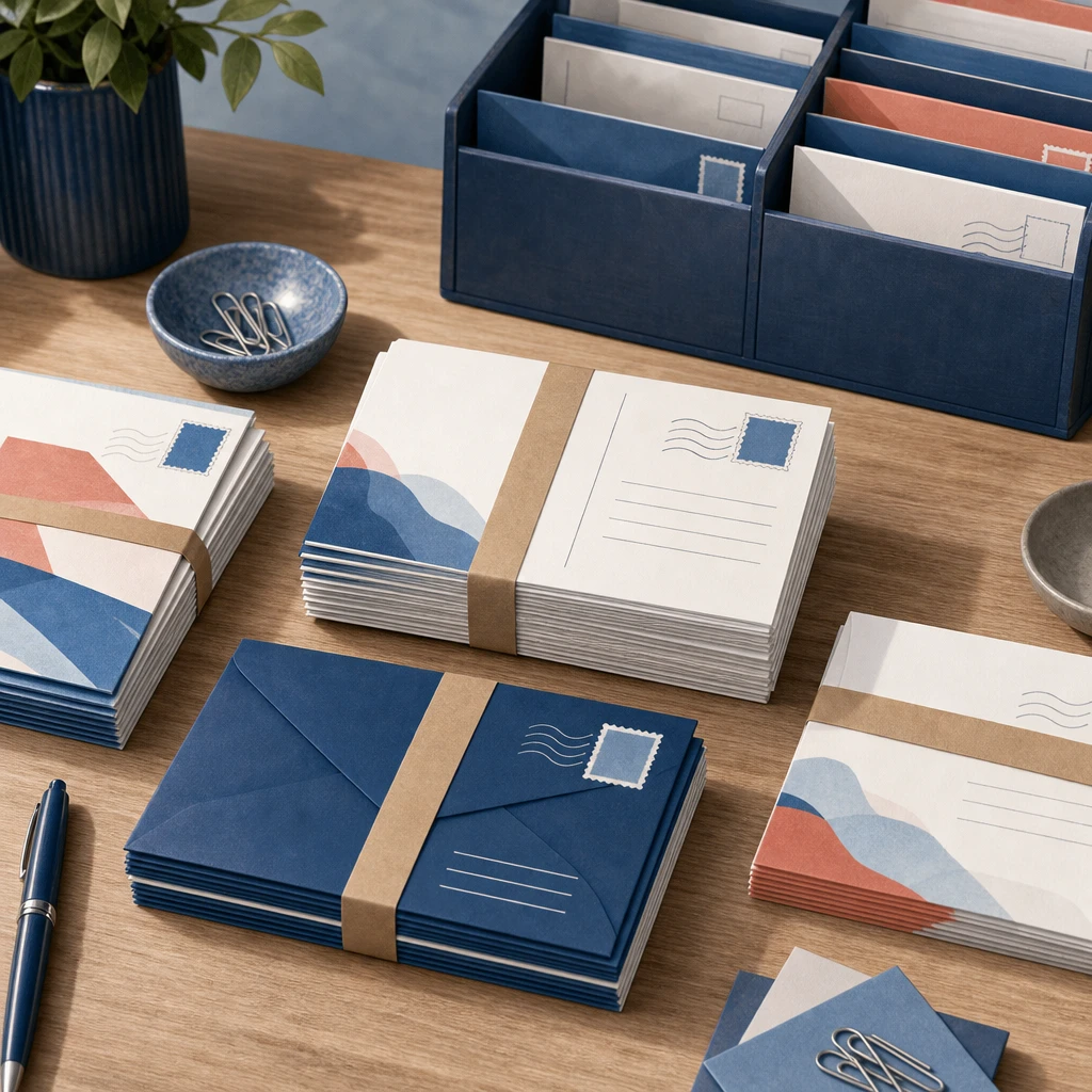 Illustration of direct mail postcards and envelopes organized into mailing bundles
