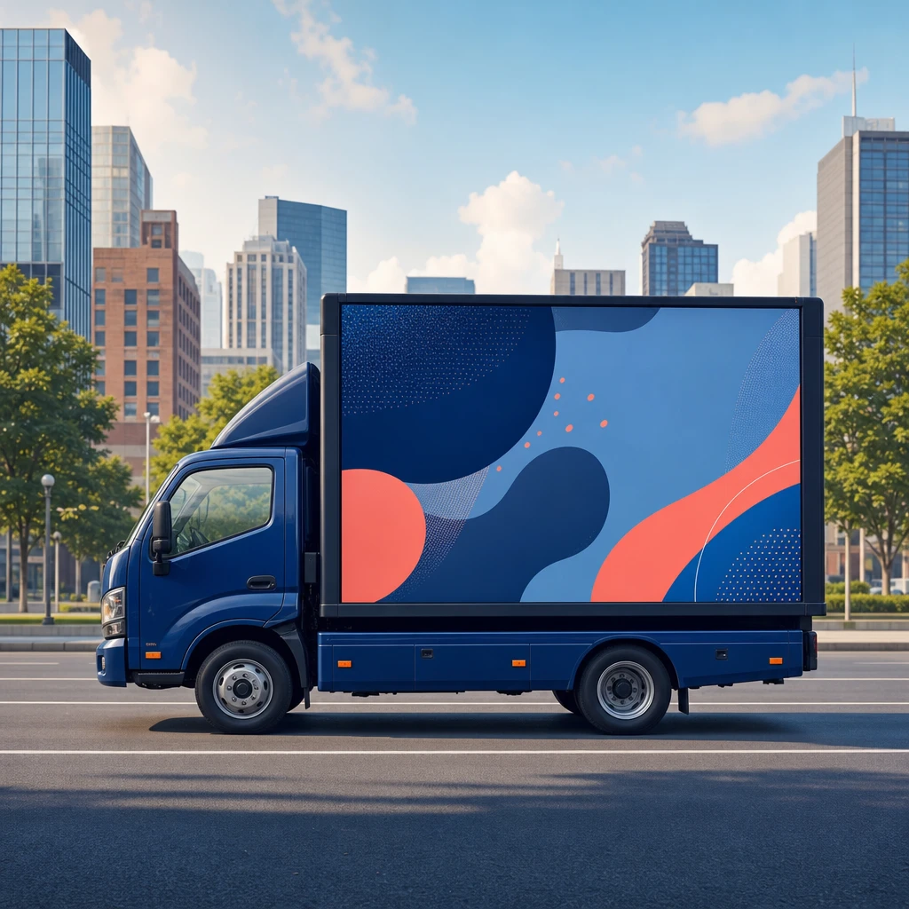 Illustration of a mobile billboard truck carrying a large advertising display through a city