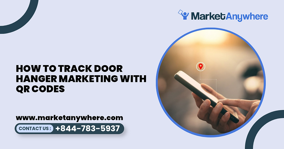 door hanger marketing visual showing a door hanger QR code connected to a mobile landing page and a simple campaign analytics dashboard