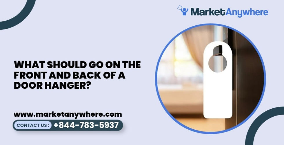 door hanger printing visual showing front and back door hanger layouts with labeled content zones for headline, offer, details, and contact information