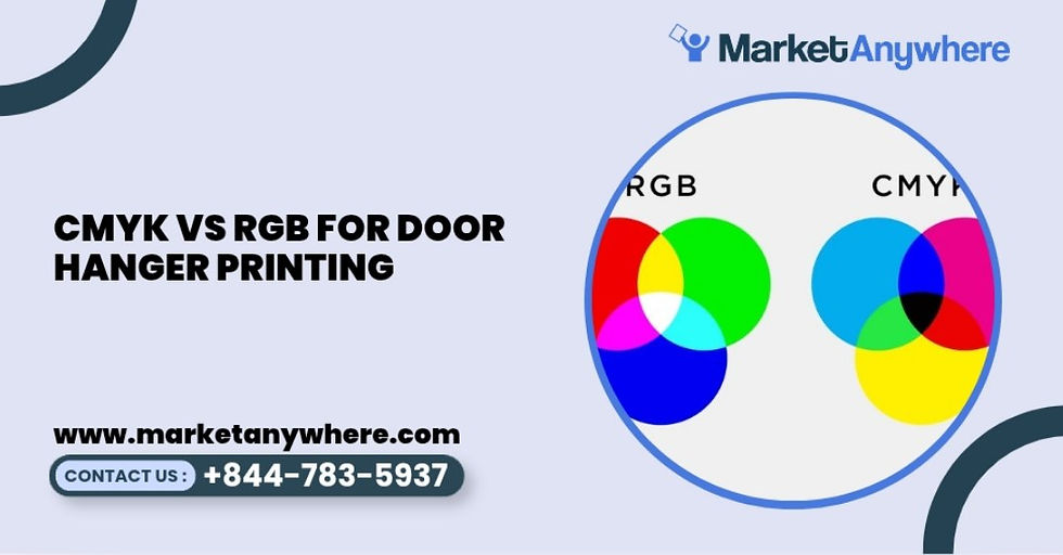 door hanger printing visual showing a split-screen comparison of bright RGB monitor colors and CMYK printed door hanger colors