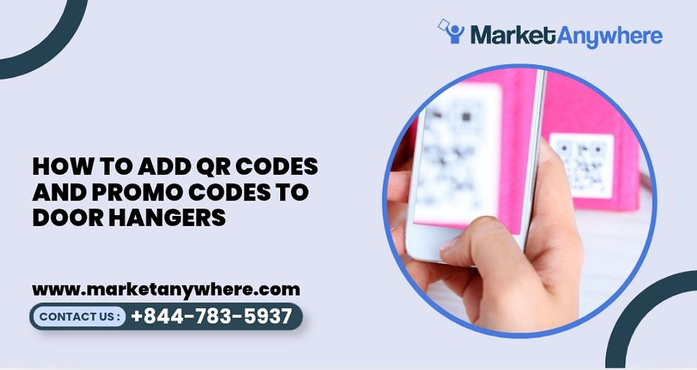 door hanger marketing visual showing a smartphone scanning a high-contrast QR code on a door hanger next to a unique promo code