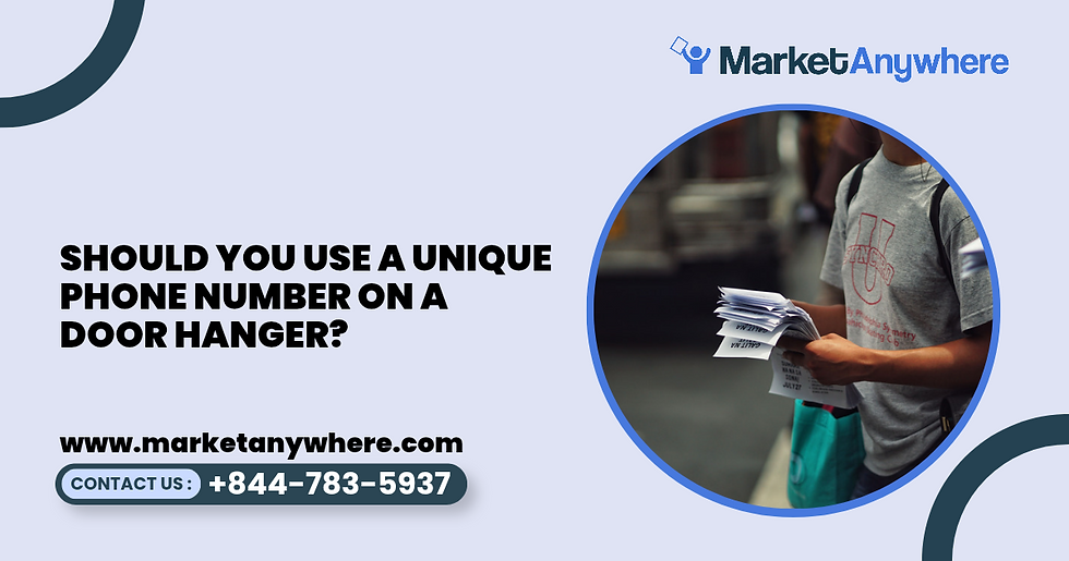 door hanger advertising visual showing a door hanger with a unique phone number beside a phone ringing and a simple call-tracking report
