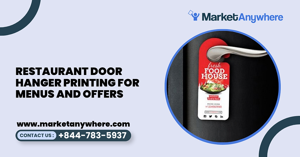 custom door hanger printing visual showing a custom restaurant door hanger with appetizing food photography, concise menu highlights, and an order QR code