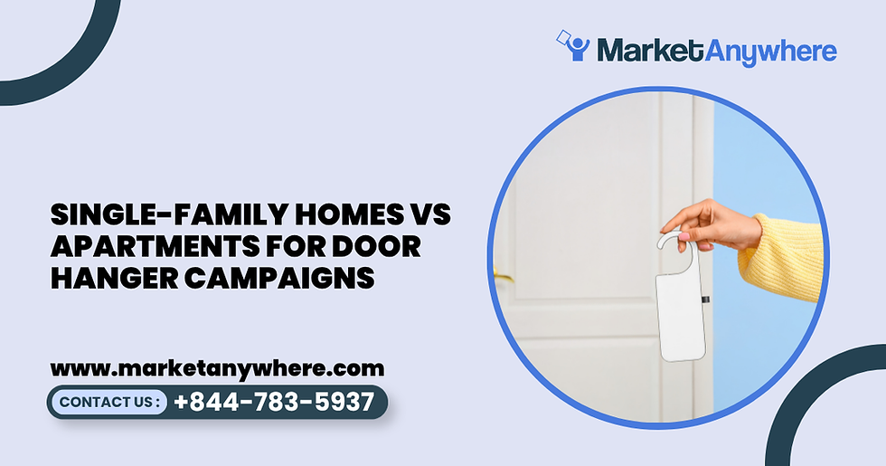door hanger distribution visual showing a split view of single-family homes and an apartment building with door hanger campaign planning icons