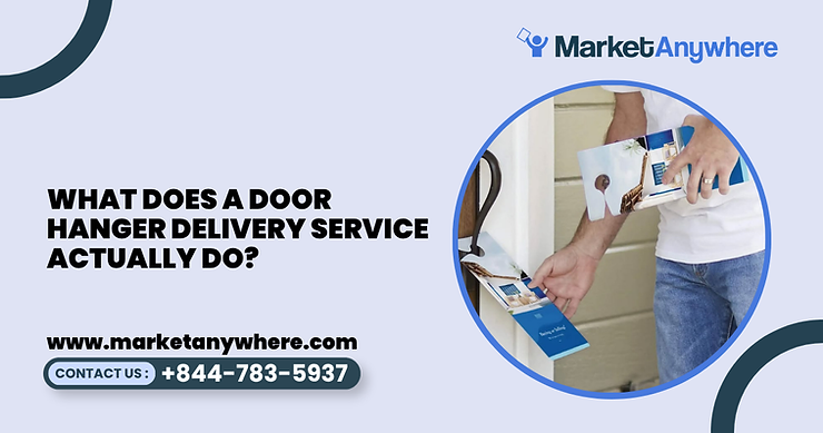 door hanger delivery service visual showing a distribution coordinator reviewing a neighborhood route while a field worker places a door hanger