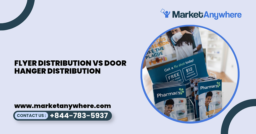 flyer distribution visual showing a brand ambassador handing out flyers beside a worker placing door hangers in a neighborhood