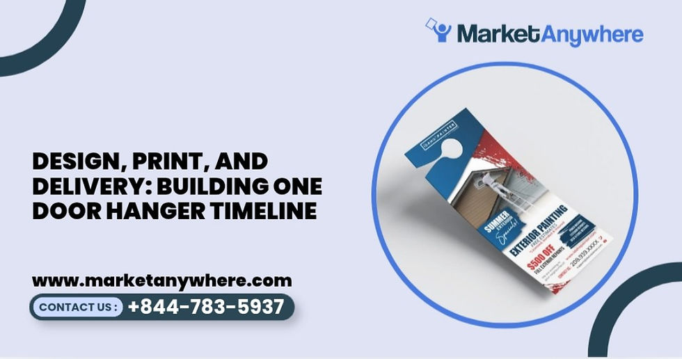 door hanger delivery service visual showing a unified timeline connecting door hanger design, proofing, printing, shipping, and delivery