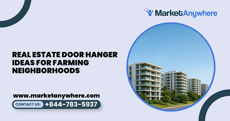 door hanger visual showing a real estate door hanger featuring a home, neighborhood map, open-house details, and agent contact area