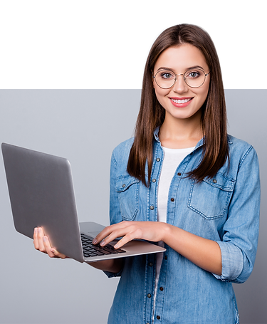 Woman on her laptop searching for flyer, distribution and door hanger delivery service
