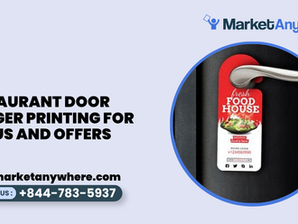 custom door hanger printing visual showing a custom restaurant door hanger with appetizing food photography, concise menu highlights, and an order QR code