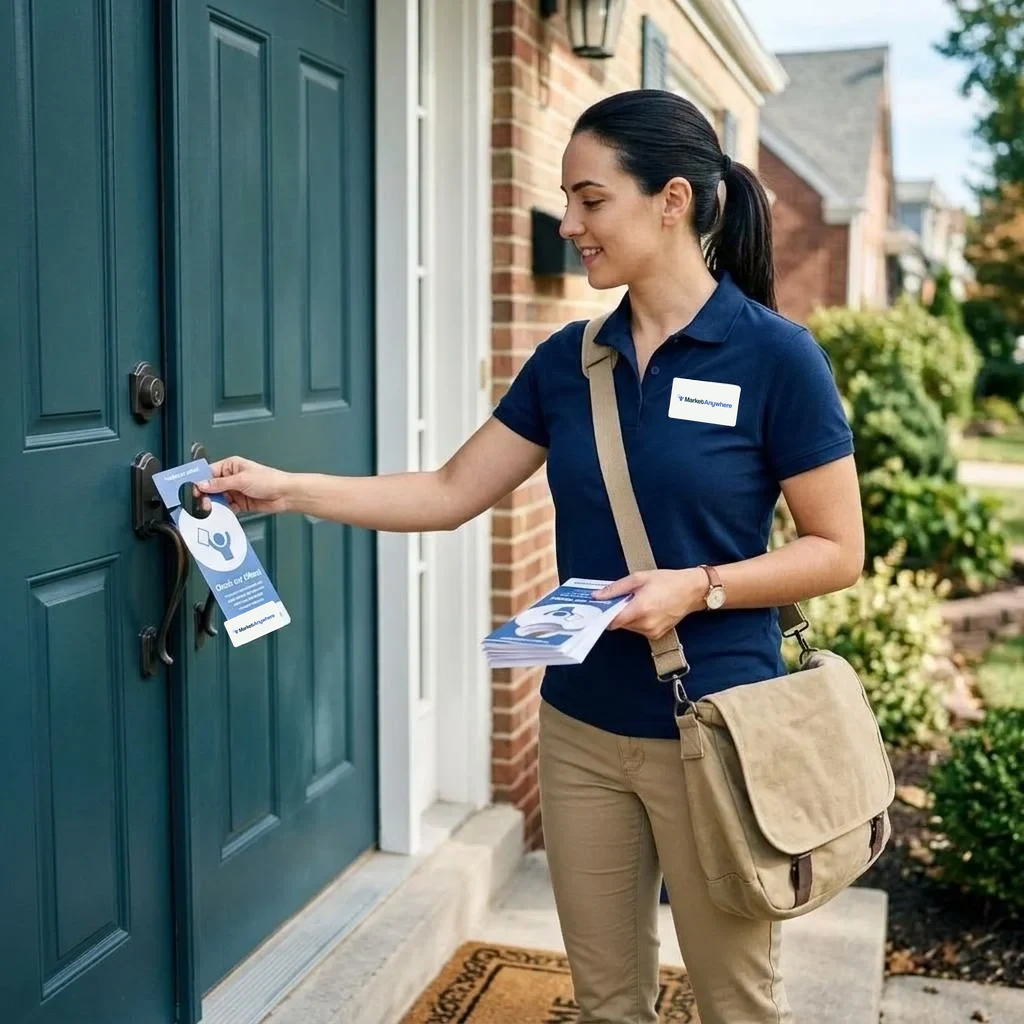 Illustration of a uniformed distributor placing a printed door hanger on a home's front door