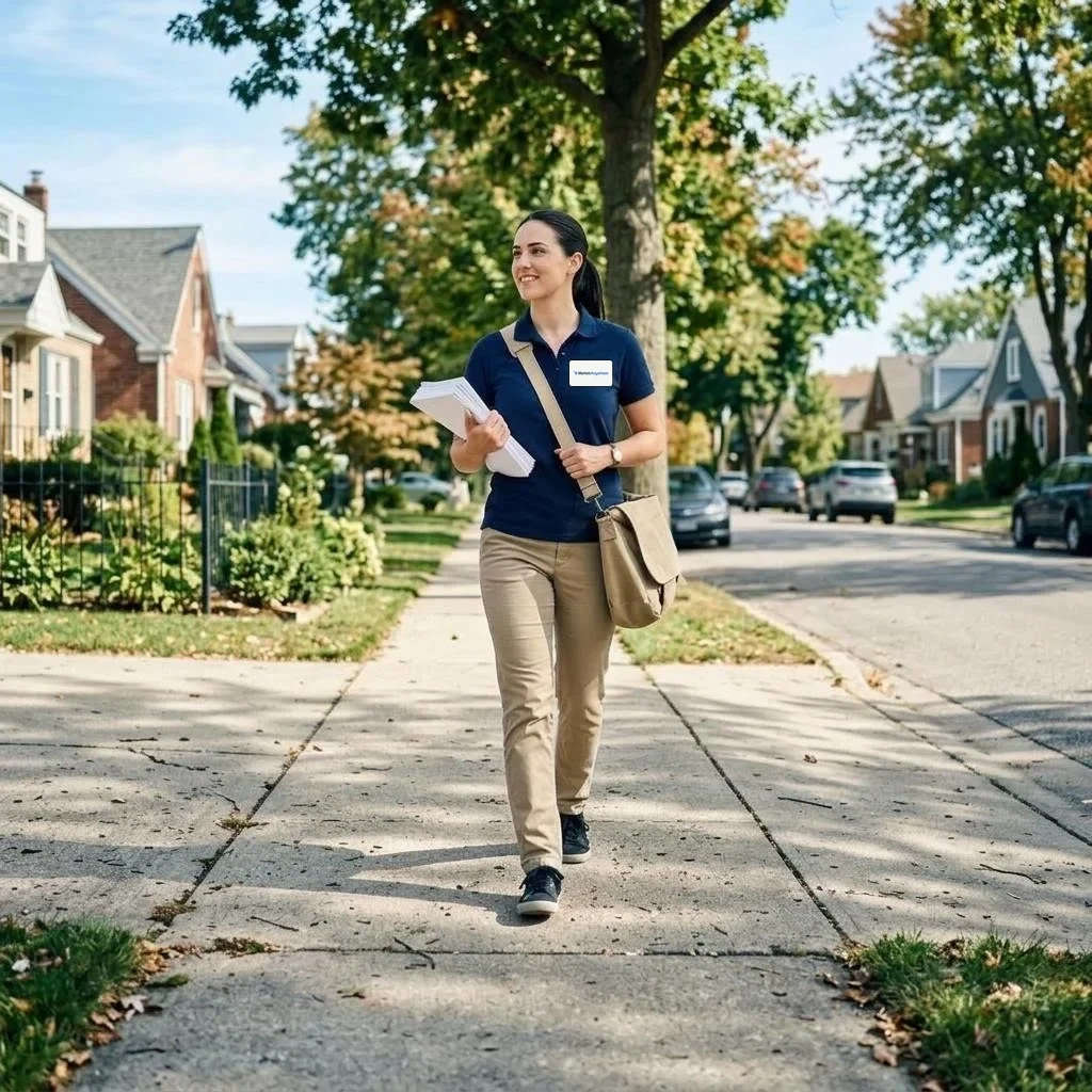 Flyer distributor in a navy MarketAnywhere polo and khakis carrying a tan bag of flyers along a residential street